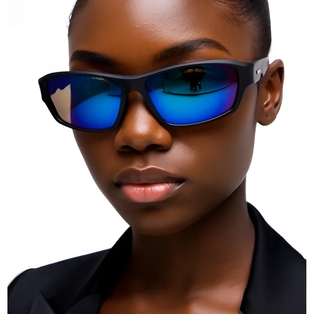 Sporty Wrap Sunglasses Blue Mirrored Lenses Black Frame For‎ Women Lentes Gafas